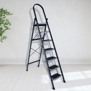 Plantex 7 Step Ladder-Foldable Steel -Wide Anti Skid Steps/5-Year Manufacturer Warranty(Grey & White)