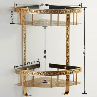 Plantex Antique Aluminum Double Tier Corner Antique Finish Bathroom Kitchen Shelf (Brass).