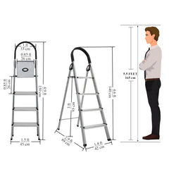 Plantex Wonder Aluminium Step Folding Ladder 4 Step for Home with Advanced Locking System - Anti Slip 4 Step Ladder (Silver & Black)