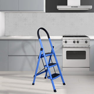 Plantex Premium Steel Foldable 3-Step Ladder for Home - Wide Anti Skid Step Ladder (Blue & Black)