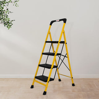 Primax Heavy-Duty GI-Steel Ladder Safety-Clutch Lock and Tool Tray/Step Ladder for Home - 4 Step (Squaro-Black&Yellow)