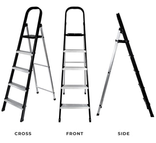 Plantex 5 Step Aluminium Folding Step Ladder with Wide Step for Home Use/Step Ladder-5 Step (Black-Silver)