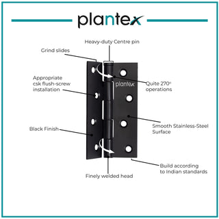 Plantex Heavy Duty Stainless Steel Door Butt Hinges 4 inch x 14 Gauge/2 mm Thickness Home/Office/Hotel for Main Door/Bedroom/Kitchen/Bathroom - Pack of 4 (Black)