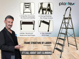 Plantex 7 Steps Ladder-Foldable Aluminium/Heavy Duty-Wide Anti Skid Steps (Anodize Coated-Gold)