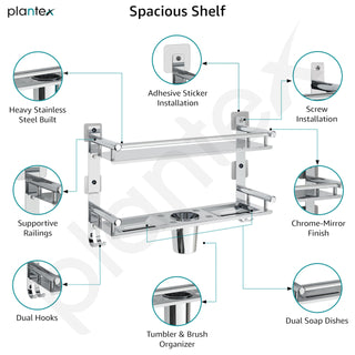 Plantex No Drill Bathroom Stand for Wall/5mm Thickened Stainless Steel Bathroom Shelf with Soap and Brush Holder/Hooks/Tumbler Holder/Bathroom Organiser (2-Tier, Chrome)