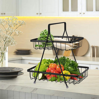 Plantex High Grade Steel 2-Tier Fruit & Vegetable Basket, Countertop Tiered Shelf For Dining Table/Kitchen (Black)