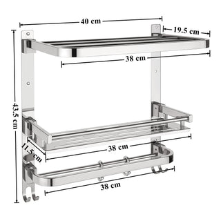 Plantex 304 Grade Stainless Steel Folding Multipurpose 3-Tier Bathroom Shelf/Towel Rack/Towel Rod with Hooks/Bathroom Accessories Wall-Mount (Chrome)