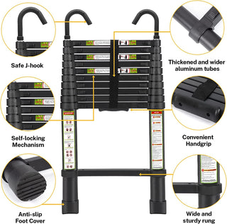 Plantex Heavy-Duty Black Aluminum Extension Telescopic Ladder with Hooks/Portable and Compact Foldable Ladder-EN131 Certified (3.2Meter/10.5 Feet)