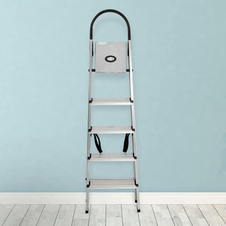 Plantex Wonder 5 Steps Aluminium Ladder for Home/Strong Anti-Slip Steps/Multipurpose Foldable Ladder (Silver & Black)