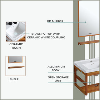 Plantex Aluminum Bathroom Vanity Cabinet Set with Sink/Mirror & Ceramic Basin for Bathroom – (Brown)