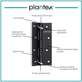 Plantex Heavy Duty Stainless Steel Door Butt Hinges 5 inch x 12 Gauge/2.5 mm Thickness Home/Office/Hotel for Main Door/Bedroom/Kitchen/Bathroom - Pack of 3 (Black)