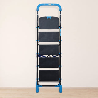 Plantex Heavy-Duty Mild Steel Stylo Folding 5 Step Ladder for Home with Advanced Locking System - 5 Wide Step Ladder(Black & Blue)