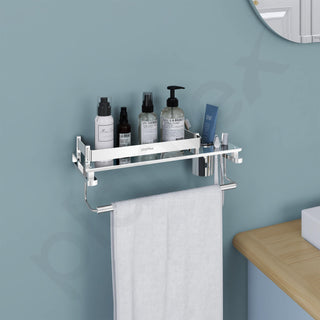 Plantex Stainless Steel Deluxe 3in1 Multipurpose Bathroom Shelf/Rack/Towel Hanger/Tumbler Holder/Bathroom Accessories - Wall Mount (15 x 6 Inches-Chrome)