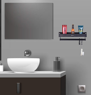 Plantex Aluminium Multipurpose Bathroom Shelf with Towel Rod with movable Hooks/Bathroom Shelf Rack/Organizer for Bathroom Accessories - Wall Mount (Black)