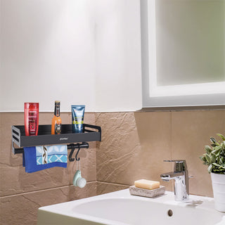 Plantex Aluminium Powder Coated Finish Multipurpose Wall Mount Bathroom Shelf with Towel Rod (Black)