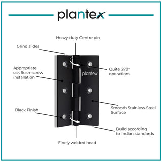 Plantex Heavy Duty Stainless Steel Door Butt Hinges 3 inch x 16 Gauge/1.5 mm Thickness Home/Office/Hotel for Main Door/Wooden/Bedroom/Kitchen - Pack of 4 (Black)