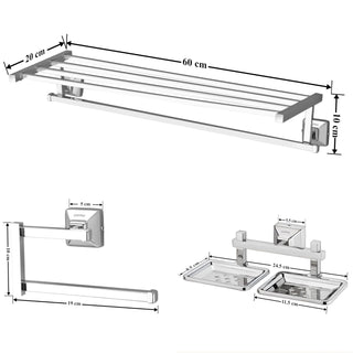 Plantex 304 Grade Stainless Steel Bathroom Accessories Set of 3 - Towel Stand/Napking Hanger/Dual Soap Holder for Bathroom - Squaro (Chrome)