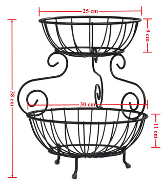 Plantex Heavy Steel 2-Tier Fruit & Vegetable Basket Bowl/Storage Stand For Dining Table/Kitchen - Countertop (Black), 9 liter