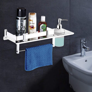 Plantex Stainless Steel 3in1 Multipurpose Bathroom Rack/Shelf with soap Dispenser and Towel Holder - Bathroom Accessories (15x6 Inches), Silver, Set of 1