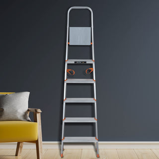 Plantex Restructured Legend Folding 6 Step Ladder for Home - 6 Wide Anti-Skid Step Ladder (Orange-Silver, Aluminium)