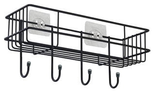 Plantex GI Steel Self-Adhesive Multipurpose Bathroom Shelf with Hooks/Towel Holder/Rack/Bathroom Accessories-Wall Mount - Pack of 1 (Black,Powder Coated)