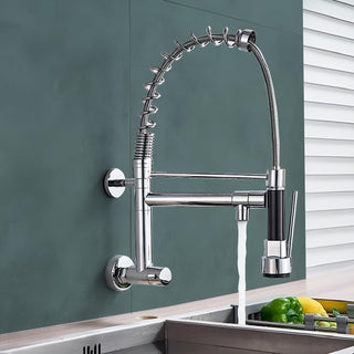 Plantex Designer Sink Faucet Brass Wall Mount Sink Tap with 2 Spout/Double Handle High Arc (360 Degree) Spring Pull Out Tap for Kitchen Sink (Chrome & Black)