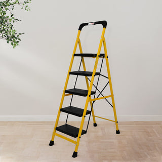 Primax Heavy-Duty GI-Steel Ladder Safety-Clutch Lock and Tool Tray/Step Ladder for Home - 5 Step (Squaro-Black&Yellow)