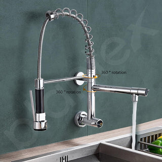 Plantex Designer Sink Faucet Brass Wall Mount Sink Tap with 2 Spout/Double Handle High Arc (360 Degree) Spring Pull Out Tap for Kitchen Sink (Chrome & Black)