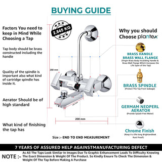 Plantex Pure Brass PRI-319, 3 in 1 Wall Mixer with Telephonic Bend for Arrangement of Overhead and Telephonic Shower for Bathroom with Brass Wall Flange & Teflon Tape (Mirror-Chrome Finish)
