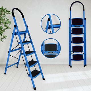 Plantex Premium Steel Foldable 5-Step Ladder for Home - Wide Anti Skid Step Ladder (Blue & Black)