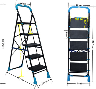 Plantex Heavy-Duty Mild Steel Stylo Folding 5 Step Ladder for Home with Advanced Locking System - 5 Wide Step Ladder(Black & Blue)