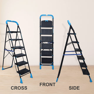 Plantex Stylo Heavy-Duty Mild-Steel Folding 6 Step Ladder for Home with Advanced Locking System/Wide Anti-Skid Step Ladder (Black & Blue)