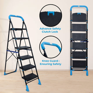 Plantex Stylo Heavy-Duty Mild-Steel Folding 6 Step Ladder for Home with Advanced Locking System/Wide Anti-Skid Step Ladder (Black & Blue)