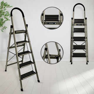 Plantex Ladder for Home-Foldable Aluminium 5 Step Ladder-Wide Anti Skid Steps (Anodize Coated-Gold)