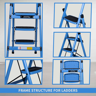 Plantex Premium Steel Foldable 3-Step Ladder for Home - Wide Anti Skid Step Ladder (Blue & Black)