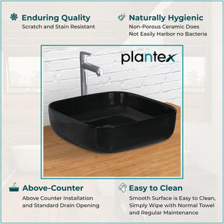 Plantex Premium Tabletop Ceramic Square Wash Basin/Countertop Bathroom Sink (Black, 16 x 16 x 5 Inch)