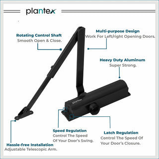 Plantex Door Closer/Aluminium Door Closer for Wooden Door/Hydraulic Automatic Door Closer/Soft Close Door Closer for Hotel/Home/Office - ISO 9001 Certified (MI-200, Capacity - 55 kg, Black)