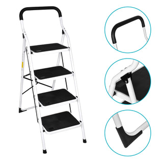 Plantex Heavy Steel Folding 4 Step Ladder for Home - 4 Wide Anti Skid Steps (White & Black)