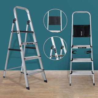 Plantex Big Foot 4 Steps Ladder for Home/Fully Aluminium Folding Ladder/Wide Anti-Skid Steps (Black-Silver)