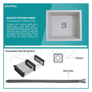 Plantex Kitchen Sink/Quartz Single Bowl Kitchen Sink with Hose Pipe and Square Coupling-Flush Mount/Under Mount/Top Mount –(Mosaic Grey-21 x 18 inches)