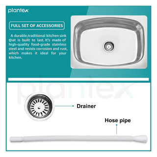 Plantex Stainless Steel Kitchen Sink/Single Bowl Kitchen Sink with Hose Pipe and Round Coupling - Flush Mount/Under Mount/Top Mount - (Chrome - 24x18 inch)