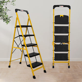 Primax Heavy-Duty GI-Steel Ladder Safety-Clutch Lock and Tool Tray/Step Ladder for Home - 5 Step (Squaro-Black&Yellow)