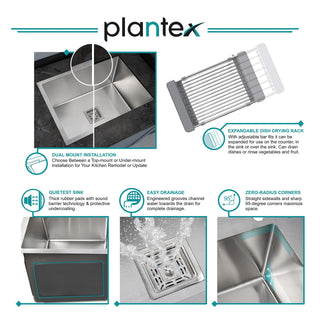 Plantex Stainless Steel Sink for Kitchen/Kitchen Sink with Square Coupling, Hose Pipes and Adjustable Drain Rack - 22x18 Inches, Silver Matt