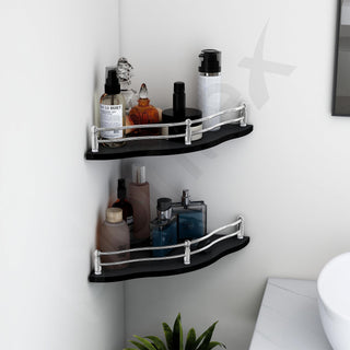 Plantex Premium Flower Glass Corner Shelf for Bathroom&Kitchen Shelf (Black, 9x9 Inches) - Pack of 2