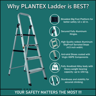 Plantex Big Foot 4 Steps Ladder for Home/Fully Aluminium Folding Ladder/Wide Anti-Skid Steps (Black-Silver)