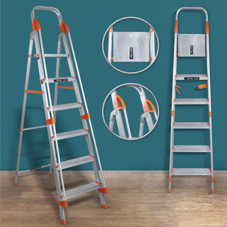 Plantex Secura Ladder for Home-Aluminium Foldable 6 Step Ladder with Safe Hand Rail (Orange-Silver)