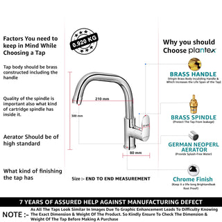 Plantex ORN-213 Pure Brass Single Lever Sink Cock Has Extended (High Arch 360 Degree) Swivel Spout For Kitchen Faucet/Sink Tap With Teflon Tape (Mirror-Chrome Finish)