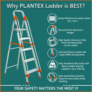 Plantex Secura 5 Steps Aluminium Ladder for Home/Foldable Ladder with Support Hand Rail (Orange-Silver)