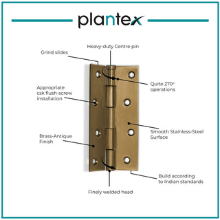 Plantex Heavy Duty Stainless Steel Door Butt Hinges 4 inch x 14 Gauge/2 mm Thickness Home/Office/Hotel for Main Door/Bedroom/Kitchen/Bathroom - Pack of 6 (Brass Antique)