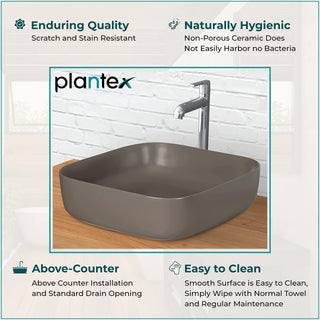 Plantex Premium Tabletop Ceramic Square Wash Basin/Countertop Bathroom Sink (Choco, 16 x 16 x 5 Inch)